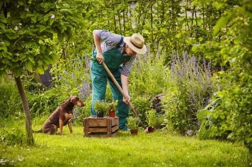 Landscaper wearing PPE while operating tools on a maintained garden project